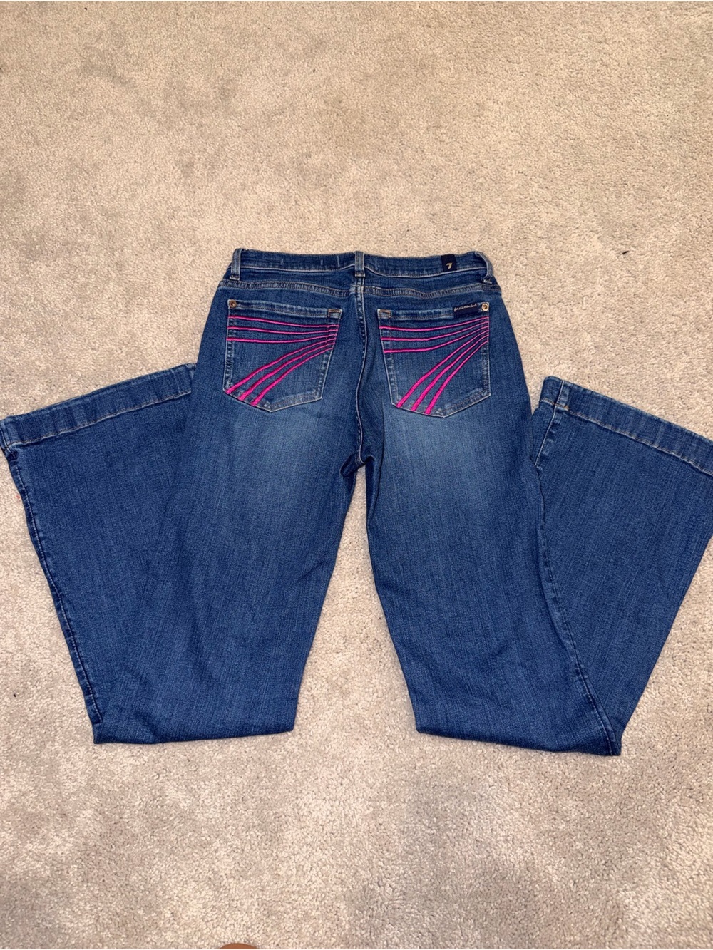 7 For All Mankind Blue Flare Jeans with Pink Embroidered Pockets
